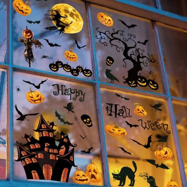 1 Set Of 3 Halloween Window Clings - Each 8.27x10.63 Inches - Modern Design, PVC Static Clings With Castle, Bats, Skulls - Reusable Double-Sided Glass And Window Visual Decor, Suitable For Horror Party Decor, Holiday Window Stickers | Haunted House Accessories | PVC Stickers, Halloween Decorations