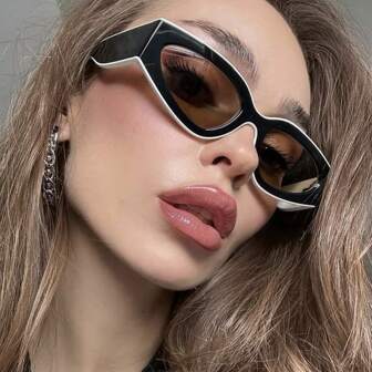 New Vintage Cat Eye Color Block Fashion Glasses, Simple Casual Outdoor Beach Party Runway Stylish Glasses Suitable For Everyday Wear Preppy Style For Back To School Oval Shape Cat Eye Shape Shades