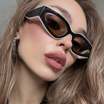 New Vintage Cat Eye Color Block Fashion Glasses, Simple Casual Outdoor Beach Party Runway Stylish Glasses Suitable For Everyday Wear Preppy Style For Back To School Oval Shape Cat Eye Shape Shades