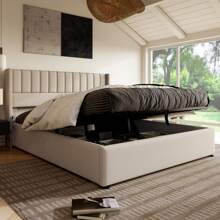 Cama tapizada 160x200 cm, cama hidráulica de lino, diseño de rayas verticales, somier moderno con espacio de almacenaje, cama funcional con canapé, estructura de metal, color beige lino
