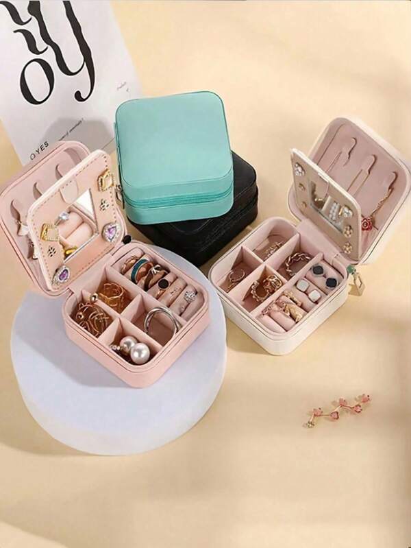 1pc Travel Jewelry Storage Box, Women Gift, Mini Jewelry Organizer, Necklace & Earrings Holder With Mirror, Pink Travel Essential,Women's Day Gift,For Holiday Beach, Bathroom Collection, Bedroom Collection, Large Capacity