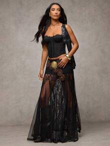 Women's Summer A-Line Skirt High Waist Long Lace Patchwork Skirt For Travel, Beach, Shopping - 黑色 - 查看 4