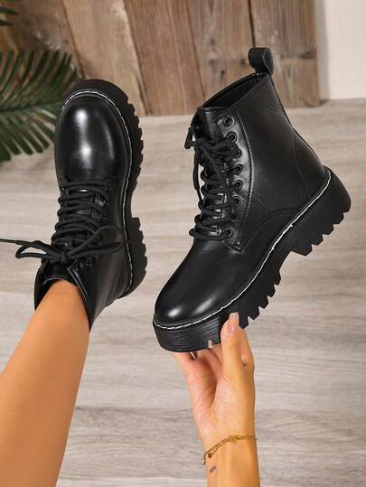 Stivaletti alla caviglia neri con lacci, stivaletti alla caviglia in pelle PU con tacco spesso, stivaletti bassi versatili per autunno/inverno, stivali da donna