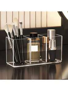 1pc Acrylic Smooth Three Compartment Brush Holder, Office Desktop Cosmetics Storage Box, Transparent Plastic Makeup Brush Holder, Toilet Vanity Storage Rack, Suitable For Brush, Eyebrow Pencil, Cosmetics Storage, Bathroom Storage, Perfume Stand ShelfBedroom Storage, Bedroom Decoration, Travel Essentials, Bathroom Accessories