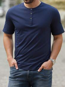 Men's Summer Casual Sports Short Sleeve T-Shirt, Fashion Quick-Dry Breathable Solid Color Slim Fit Henley