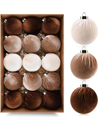 12pcs 6cm/2.36in Unbreakable Brown Velvet Christmas Tree Ornaments, Suitable For Christmas Tree Decoration - Brown, Neutral Beige, Suitable For Holiday Parties, Christmas Decoration, New Year Decoration, New Year Gifts, Indoor Decoration, Christmas Tree, Dark Coffee, White, Light Coffee, Winter Room Decoration, Christmas Home Decor, Christmas Gifts, Christmas Decoration