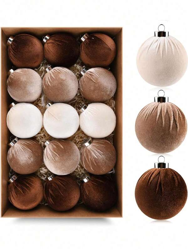 12pcs 6cm/2.36in Unbreakable Brown Velvet Christmas Tree Ornaments, Suitable For Christmas Tree Decoration - Brown, Neutral Beige, Suitable For Holiday Parties, Christmas Decoration, New Year Decoration, New Year Gifts, Indoor Decoration, Christmas Tree, Dark Coffee, White, Light Coffee, Winter Room Decoration, Christmas Home Decor, Christmas Gifts, Christmas Decoration