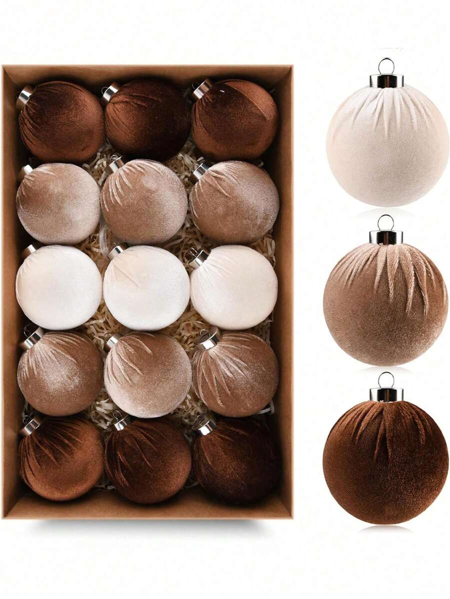 12pcs 6cm/2.36in Unbreakable Brown Velvet Christmas Tree Ornaments, Suitable For Christmas Tree Decoration - Brown, Neutral Beige, Suitable For Holiday Parties, Christmas Decoration, New Year Decoration, New Year Gifts, Indoor Decoration, Christmas Tree, Dark Coffee, White, Light Coffee, Winter Room Decoration, Christmas Home Decor, Christmas Gifts, Christmas Decoration - Multicolor - View 1
