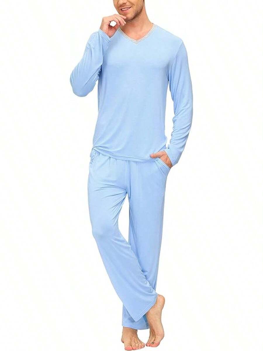 Men's Pajama Sets Sleepwear Nightwear Lightweight Quick Dry Soft 2 Piece Long Sleeve Mens Loungewear Sets With Pockethalloween - A7-sky Blue - View 1