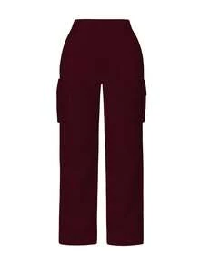 Women's Casual Solid Color Pocket Cargo Pants, Versatile Daily Outerwear, Spring Autumn Winter - Burgundy - View 4