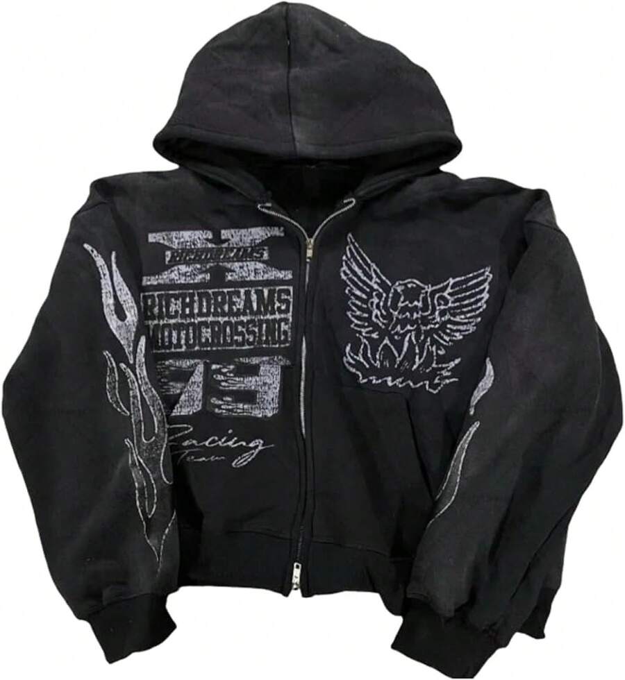 Zip Up Hoodie Grunge Jackets Streetwear Y2k Unisex Emo Vintage 2000s Outerwear Oversized Graphic Hoodies Star RapperChristmas - 黑色 - 查看 1