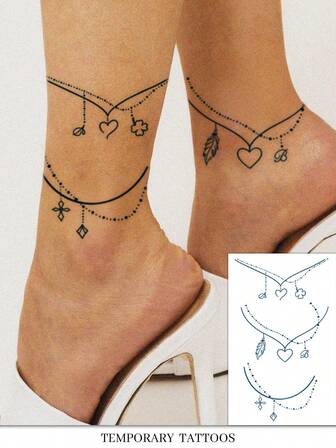 1pc Minimalist Clover Feather Heart Chain Temporary Tattoo Sticker, Lasting 1-2 Weeks, Waterproof And Easy To Use, Suitable For Arm, Waist, Foot And Other Parts Of Men And Women, Natural Matte Finish, Waterproof Tattoo, Couple/Best Friends, Perfect For Party, Gift, Travel, Music Festival