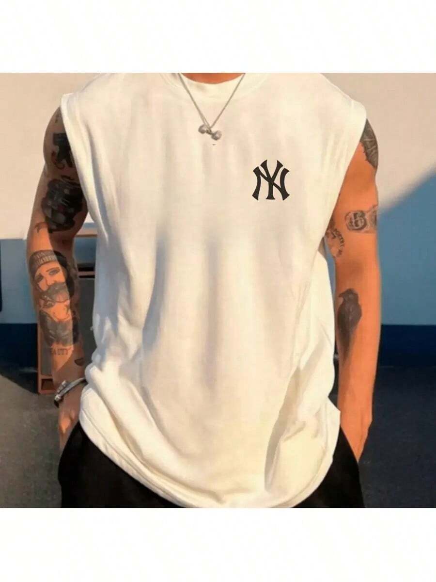 Men's Oversized Tank Top NY Stylish Gym 100% Cotton Scoop Neck Shirt Top - trắng - Xem 1