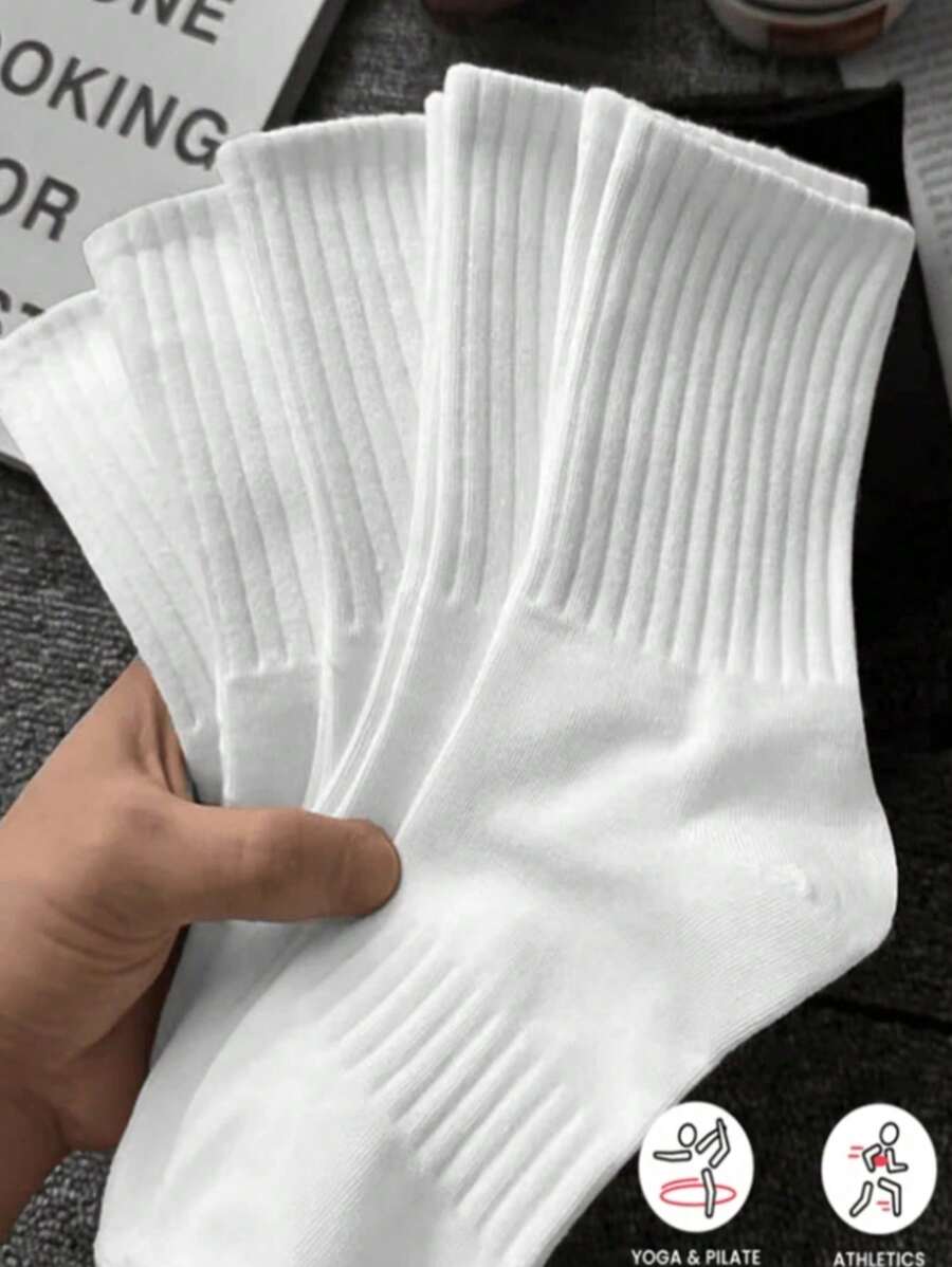 5 Pairs Of Autumn And Winter Men's Mid Length Socks, White Anti Odor, Sweat Absorbing, Breathable Sports Socks, Fall Socks