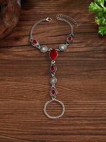 1pc Women's Vintage Bracelet, Summer Boho Metal Zinc Alloy Geometric Water Drop & Oval Cracked Faux Turquoise Flower Mix Design Knuckle Full Finger Ring Chain, Versatile Accessory For Daily, Holiday And Gift - Red - View 4