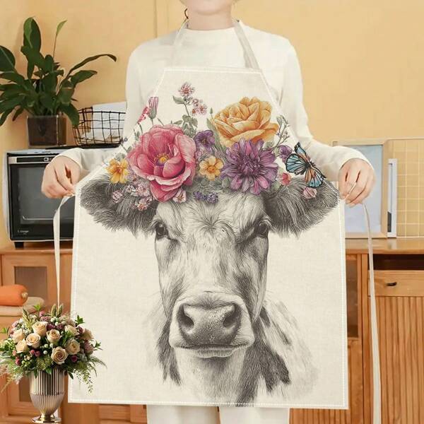 1pc 2D Flat Printed Flower Cow Charm Linen Apron For Home Cooking, Kitchen Wear And Cooking Enthusiasts