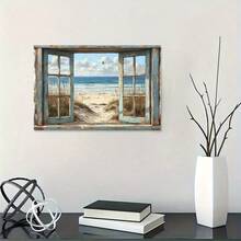 1pc Wooden Framed Canvas Painting -  Beach View Through Rustic Window, Ready To Hang Al Wall Art With Wrapped Canvas Frame, Perfect For Living Room, Bedroom, Kitchen Decor - I Gift For Her Or Him, Beach Theme Decor - 藍色 - 查看 4