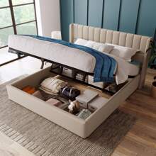 Cama tapizada 160x200 cm, cama hidráulica de lino, diseño de rayas verticales, somier moderno con espacio de almacenaje, cama funcional con canapé, estructura de metal, color beige lino