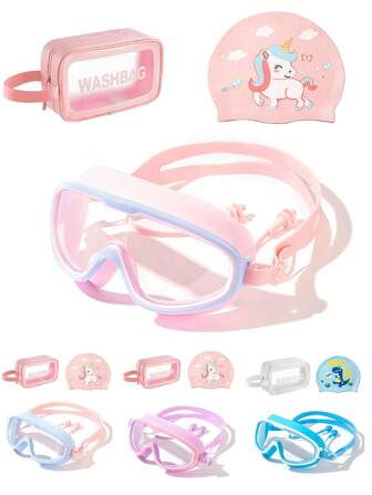 Swimming Goggles Set For Kids 3-15 With Earplugs Large Frame Anti-Fog/UV Swimming Goggles For Boys Girls