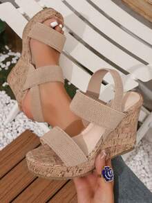 女士厚底坡跟凉鞋，厚底草编坡跟凉鞋，时尚高跟一脚蹬凉鞋