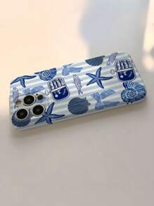 1 pieza Funda dura de teléfono con perforaciones brillantes y diseño divertido de pez a rayas, estrella de mar, concha, moño y eslogan de lata de pez, compatible con iPhone 11/12/13/14/15/16 Pro Max