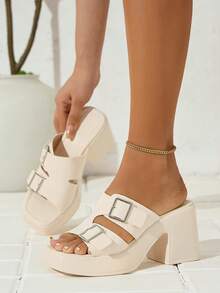 Women's Chunky Heel Peep Toe Slip-On Mule Sandals With Ankle Strap, Elegant Comfortable Breathable High Heel Sandals For Summer, Apricot Color - Apricot - View 1