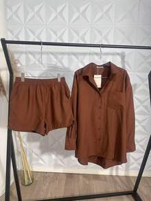 WOMEN'S SHIRT AND SHORTS SET SP013 - Brown - View 4
