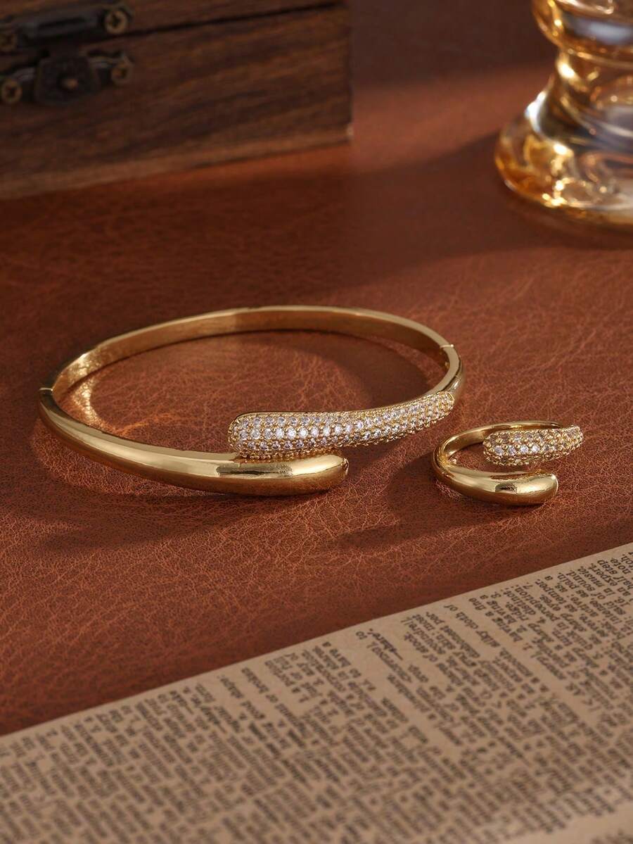 rakol 2pcs Minimalist Nail-Shaped Cubic Zirconia Bracelet And Ring Set - Jewelry Set - View 1