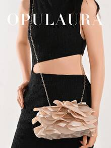 OpulAura 女士优雅迷人花瓣派对手拿包，荷叶边设计晚装包，适合婚礼/度假/正式派对/舞会，配有链条，花瓣形状随机发货 - 杏色 - 查看 8