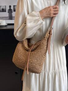 新款时尚草编大容量单肩斜挎包女士包，简约欧美风，适合度假、沙滩、旅行、购物、约会 - 卡其色 - 查看 6