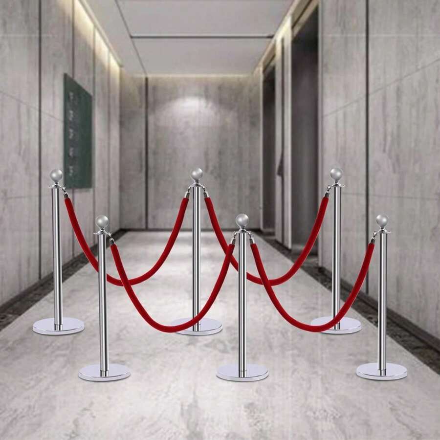 6-Piece Crowd Control Bracket Set, Safety Column And Barrier With 5-Foot Rope Lock, Stainless Steel Crowd Isolation Column - Silver - View 1