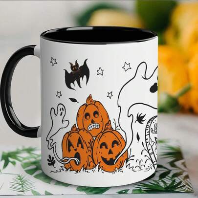 [Halloween] 1 peça Caneca de Café de 325ml (11 oz) Adorável com Desenho de Halloween, Feita de Porcelana Premium, Com Estampa Adorável de Monstros, Segura para Micro-ondas e Lava-louças, Ótima para Festas com Tema de Halloween, Presente Ideal para Amantes do Halloween