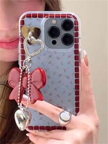 INS Korean Sweet Red Floral Blue Phone Case + 3D Bow Heart Pendant Compatible With IPhone 16 15 14 13 12 11 Pro Max Plus Lovely Adorable Girl Soft Back Cover
