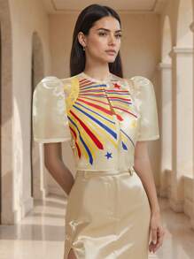 Amyenjoylife Modern Filipiniana Summer Fashion Temperament Printed Bubble Sleeve Short Sleeved Cardigan Top Bolero Filipiniana For Women