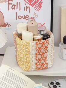 1 件复古花卉图案收纳篮绗缝化妆品收纳篮，护肤品收纳篮化妆刷眼镜收纳袋带蝴蝶结铅笔和刷子架收纳盒女士化妆品收纳