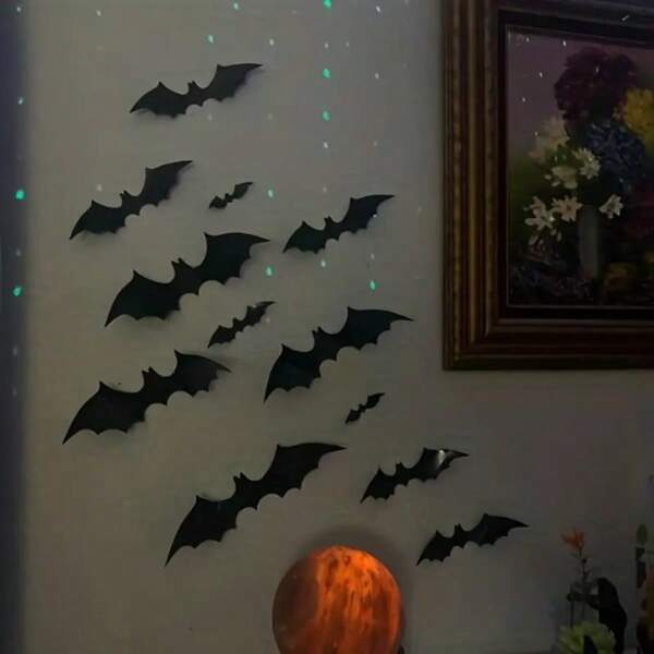 96pcs Bat Decoration 4 Different Sizes Of 3D Stereoscopic Bat Stickers For DIY Wall Stickers, Bathroom, Bar, Office, Indoor Halloween Reusable Party Supplies, Home Decoration