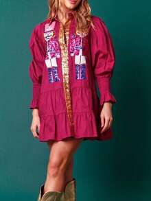 Awevudst Womens Christmas Button Down Shirts Dresses With Sequin Nutcracker Cartoon Character Button Up Tunics Long Sleeve Turn Down Collar Puff Sleeve Ruffle Hem Short Mini Dress - 紫紅色 - 查看 1