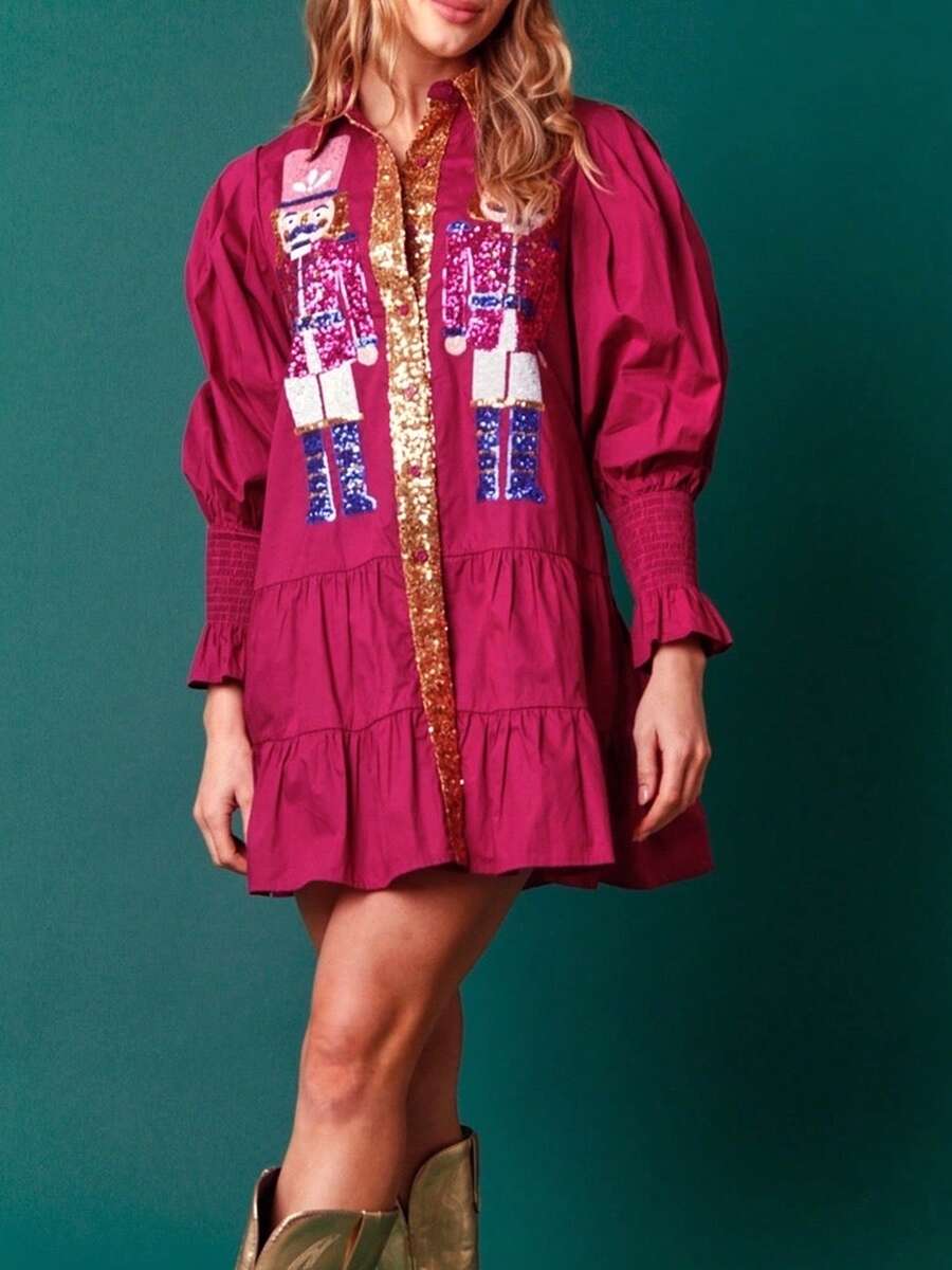 Awevudst Womens Christmas Button Down Shirts Dresses With Sequin Nutcracker Cartoon Character Button Up Tunics Long Sleeve Turn Down Collar Puff Sleeve Ruffle Hem Short Mini Dress - 紫紅色 - 查看 1