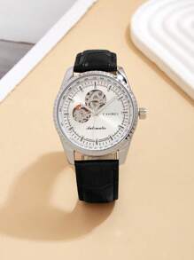 1pc Automatic Mechanical Hollow Dial Leather Strap Watch, Fashion Business Men's Gift