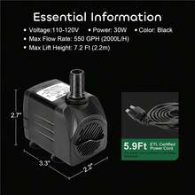 GROWNEER 2 Packs 550GPH Submersible Pump 30W Ultra Quiet Fountain Pump, 2000L/H, With.2ft High Lift, 3 Nozzles Aquarium, Fish, Pond, Hydroponics, Statuary - 1 - View 5