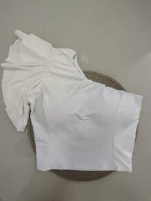 Women's Plus Size Suplex Crop Top With Padded Mule Sleeve With Ruffle - Blanco - Ver 4