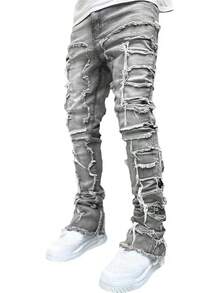 Stacked Jeans Men Ripped Jeans Pants Y2K Goth Harajuku Emo Jeans Trouser - 灰色 - 查看 2