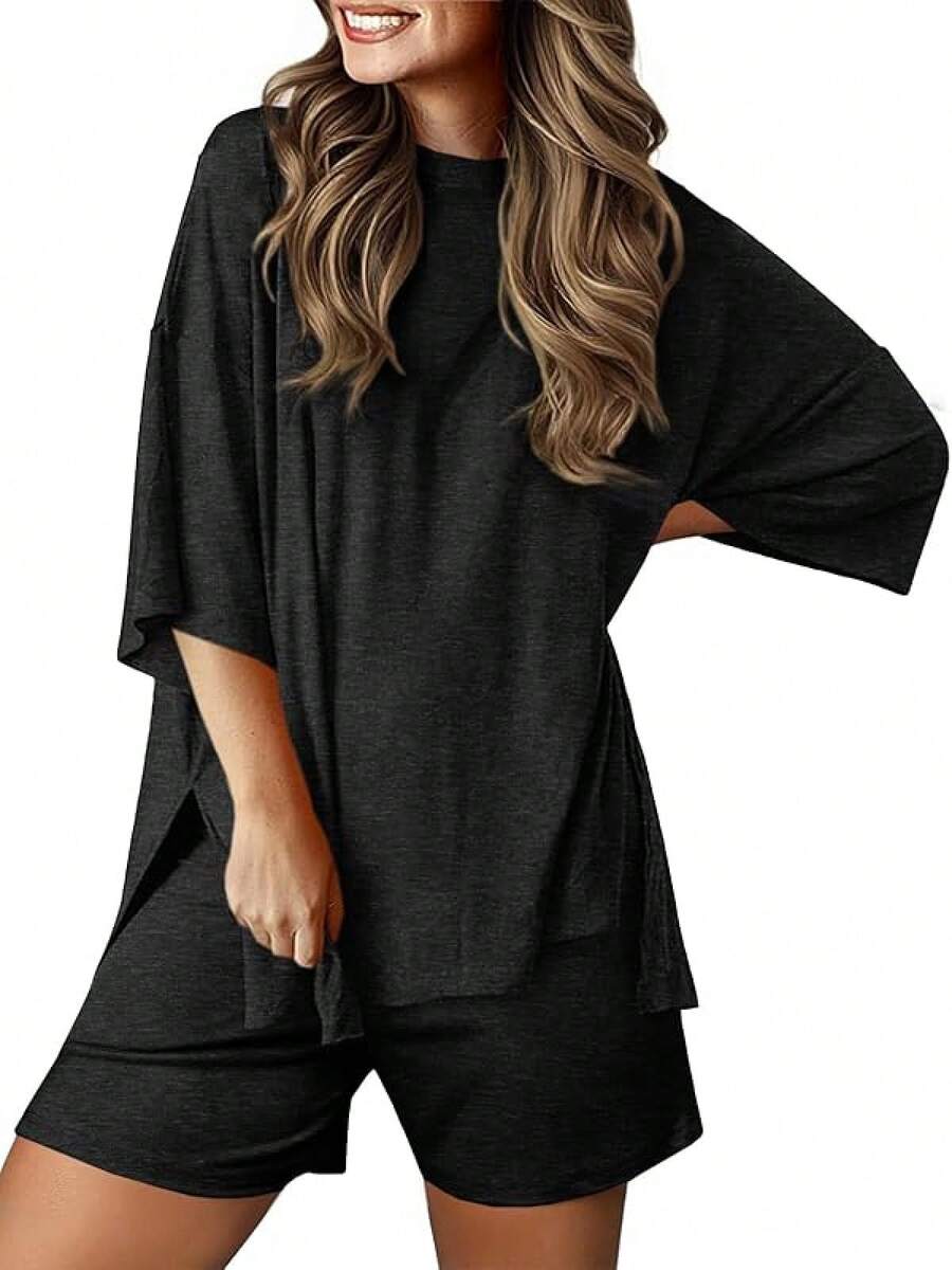 Imily Bela Women's Two Piece Lounge Set 2025 Summer Casual Oversized Shirts Biker Shorts Matching Airport Travel Outfit - màu đen - Xem 1