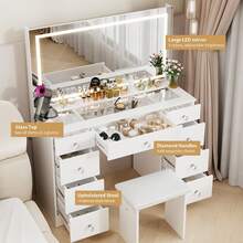 VOWNER 43" Vanity Desk With Large LED Lighted Mirror & Glass Top, 3 Color Lights & Adjustable, Come With Stool, Power Outlet, 9 Drawers For Storage, Bedroom Vanity Set For Girls Women, Halloween & Thanksgiving - 查看 3