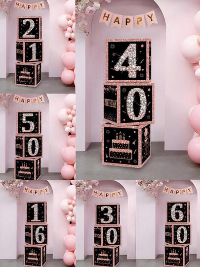 3 件黑粉色生日纸盒，16 岁/21 岁/30 岁/40 岁/60 岁/50 岁生日快乐盒，闪光优雅方形纸盒，16 岁/21 岁/30 岁/40 岁/60 岁/50 岁生日派对装饰，16/21/30/40/60/50 岁生日庆祝用品