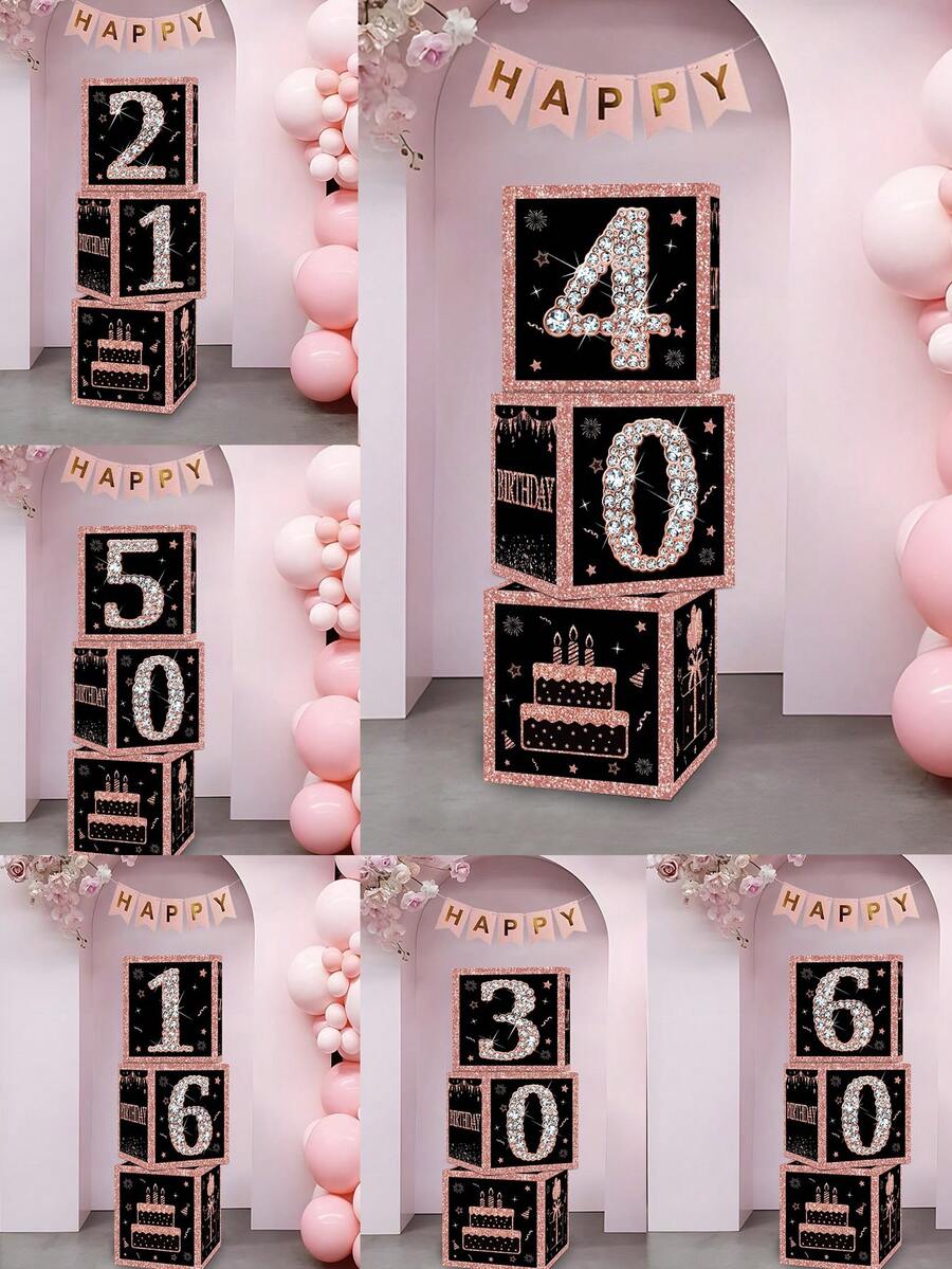 3Pcs Black Pink Birthday Paper Box,Happy 16th/21th/30th/40th/60th/50th Birthday Box,Glitter Elegant Square Paper Boxes,16th/21th/30th/40th/60th/50th Birthday Party Decor,16/21/30/40/60/50 Years Birthday Celebration Supplies - Pink Black - View 1