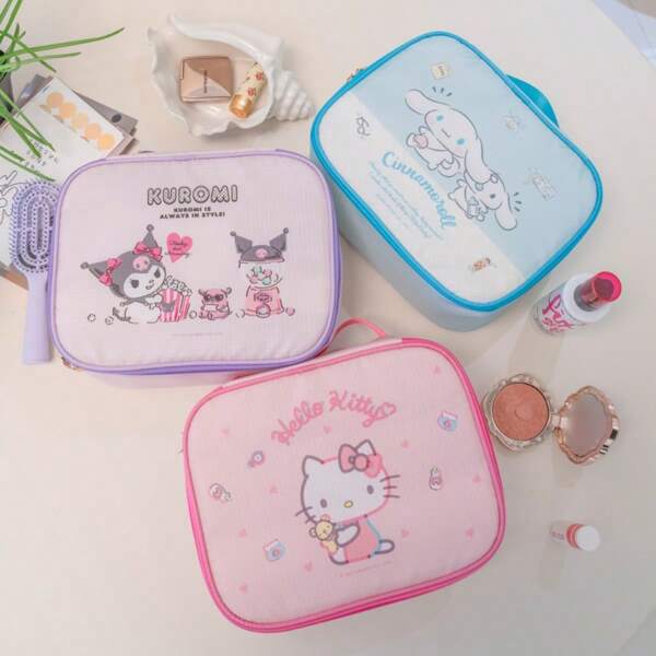 Sanrio 1pc Sanrio Cartoon Character Large Capacity Portable Makeup Bag, Handheld Travel Organizer Cosmetic Storage Pouch