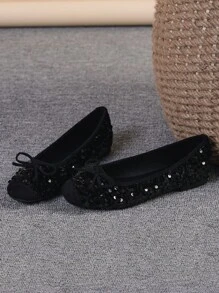 Bailarinas para mujer, zapatos planos de punta cuadrada con suela blanda, zapatos planos versátiles con lazo, mocasines planos negros con lentejuelas, tallas grandes 35-43, corren un tamaño talla grande grande