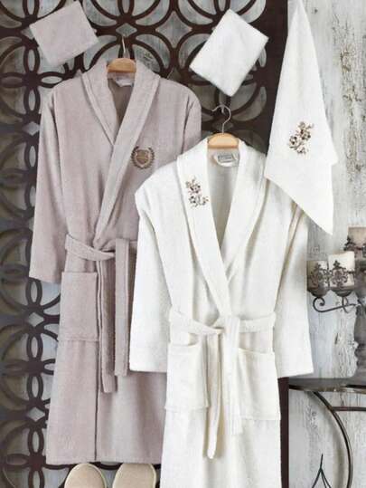 Guvenal Dream 2-delat broderat badrockset i 100 % turkisk bomull – Storlekar S, M, L –, Brun, Grå, Vit, Beige – Mjukt och absorberande – Tillverkat i Turkiet
