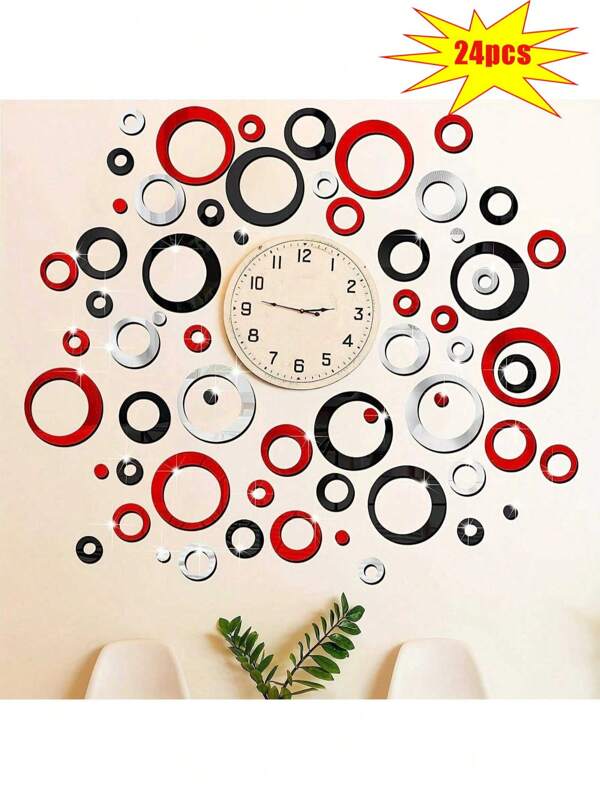 24 Pieces Self-Adhesive Acrylic Round Home Decor Mirror Wall Stickers For Home Bathroom, Bedroom, Living Room, Bedroom, Office Room Decoration, DIY Modern Art Mural, Round Decal Removable Decorative Wall Stickers, Waterproof And Oil Resistant, Suitable For Home Living Room, Bedroom Decoration (Red/Black/Blue/Silver/Gold).